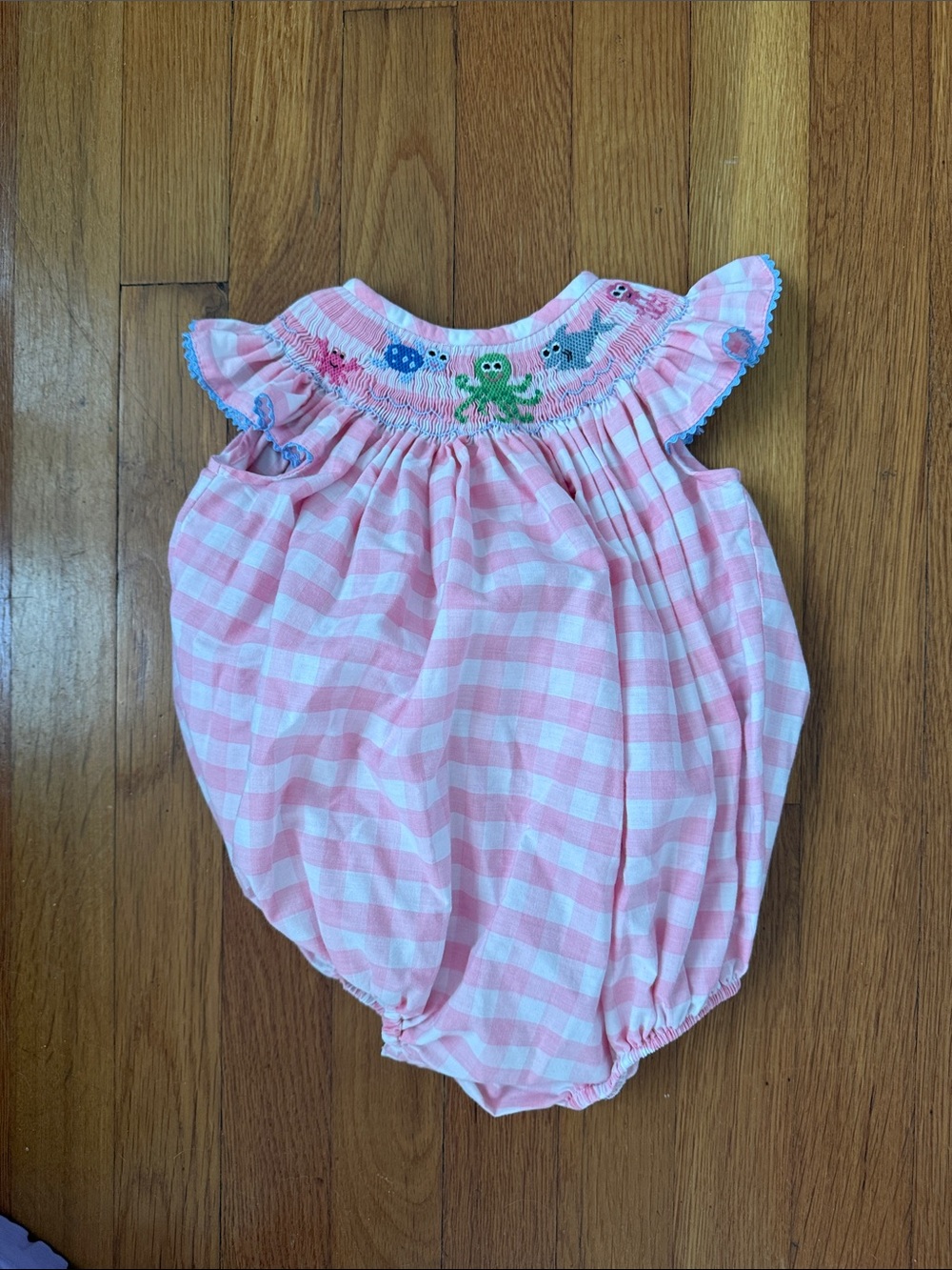 Pink Gingham Smocked Baby Romper with Sea Creature Embroidery